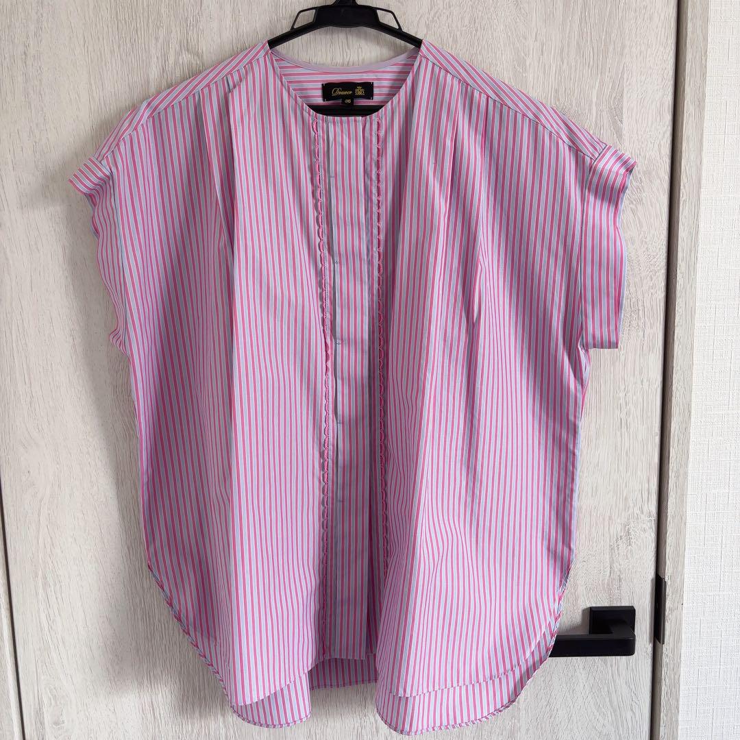 お値下★ 【極美品】　コットンストライプフロントレースブラウス　36 お値下☆ 【極美品】 コットンストライプフロントレースブラウス