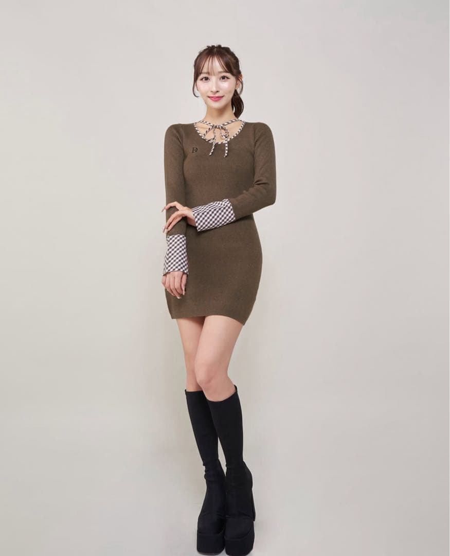 Darich チェックリボンニットミニワンピース