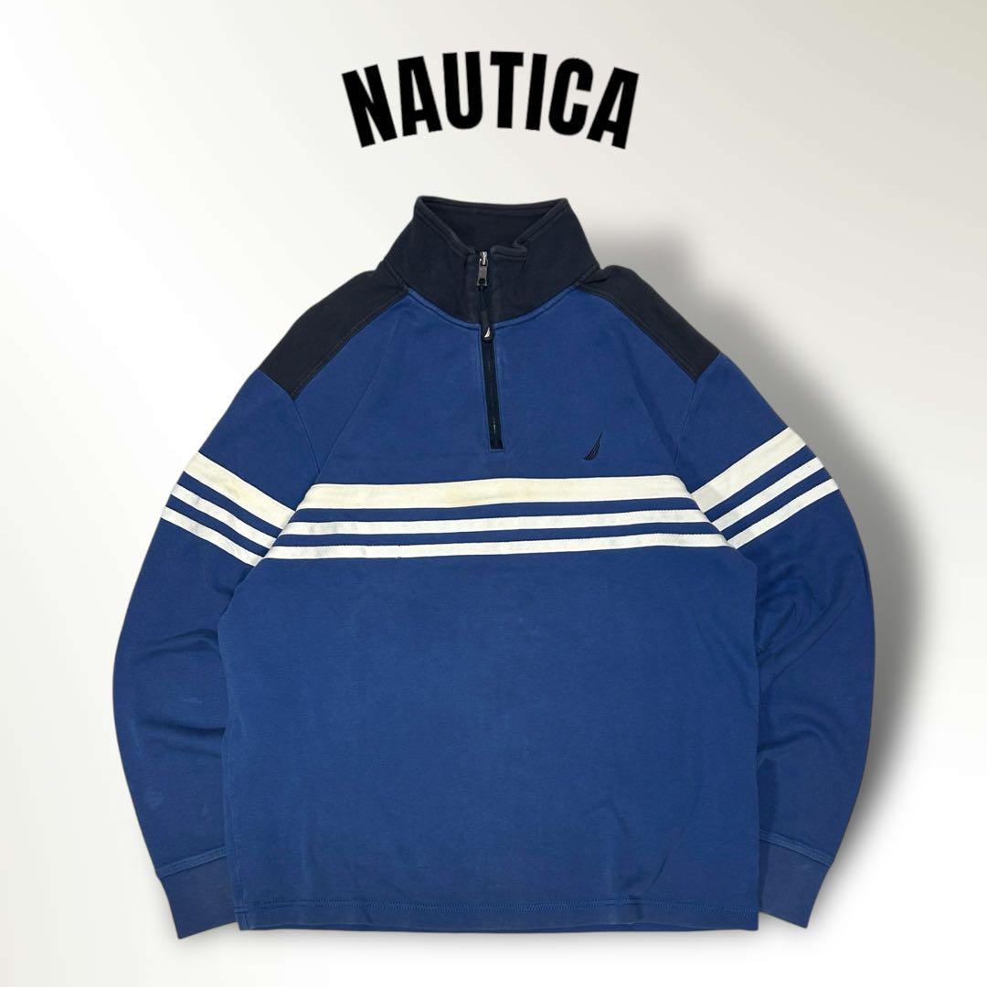 NAUTICAノーティカ古着ハーフジップパーカーモックネックロゴ刺繍3ライン