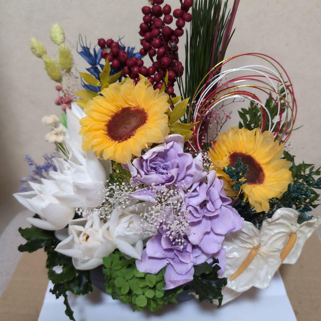 お正月飾り フラワーアレンジ 花瓶付き 特大 造花無し プリザーブドフラワー YUZUMIYA_COM