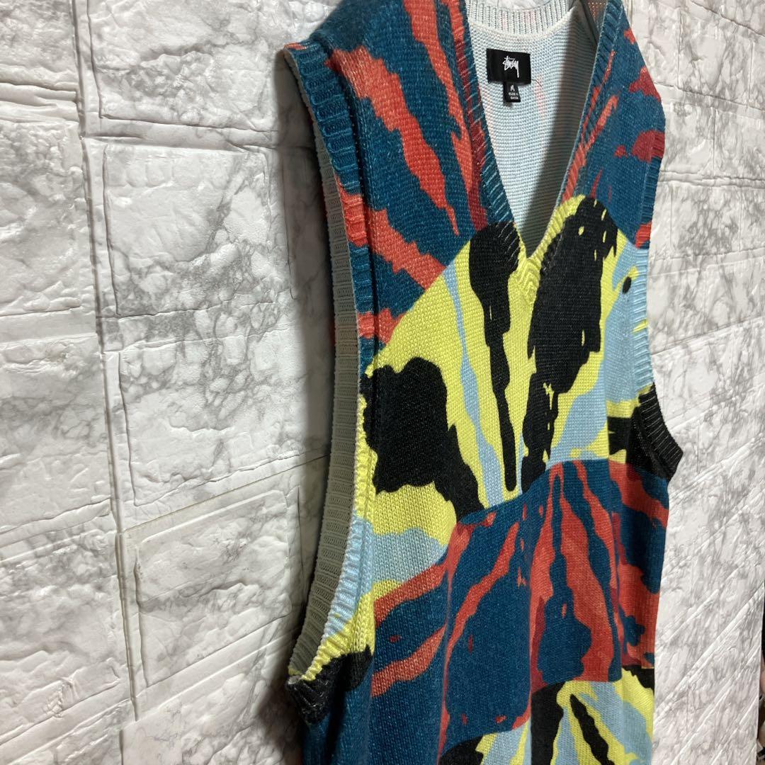 stussy ベスト マルチカラー ニットベスト Vネック コットン混 赤青黄黒M・STUSSY MEDICALDB_JP