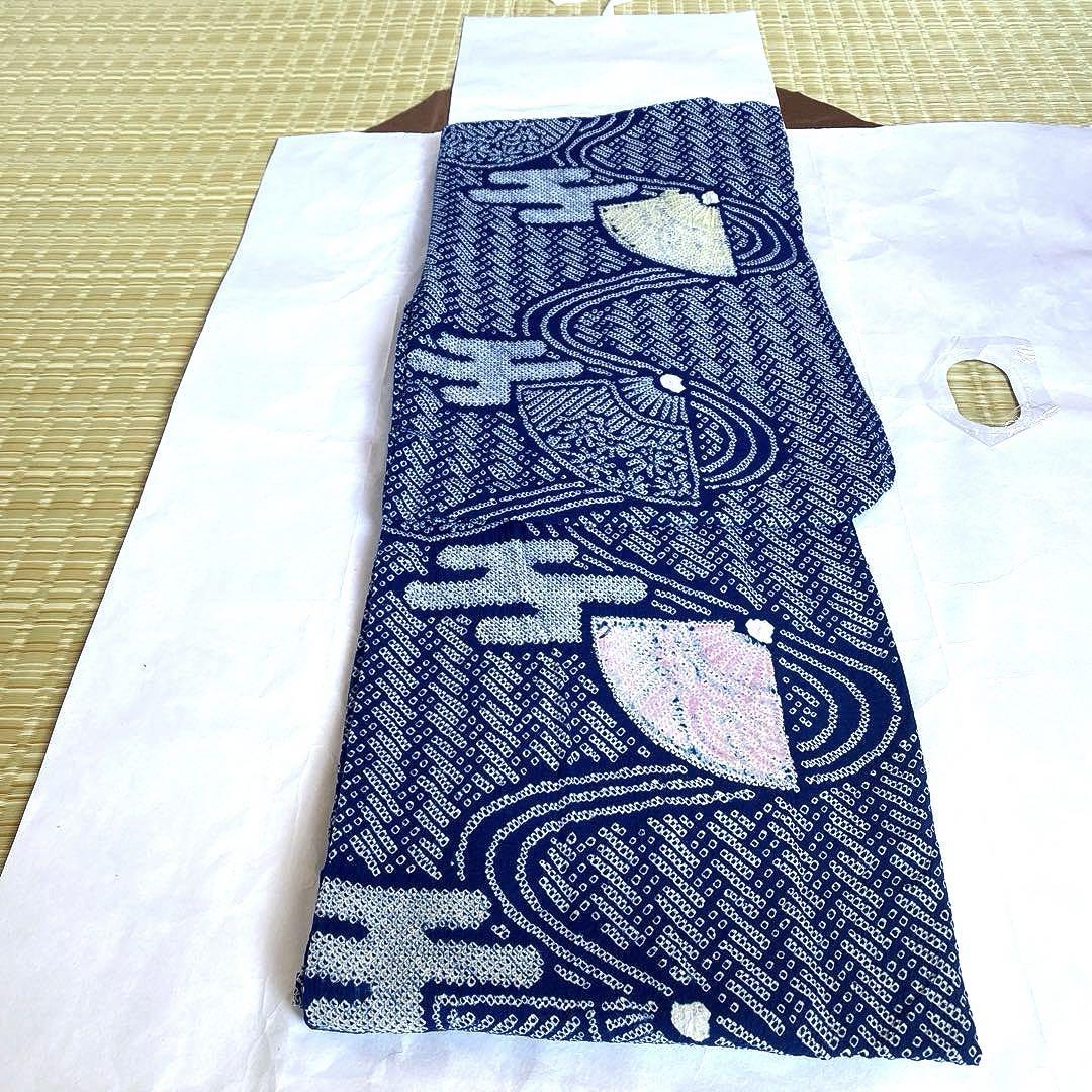 着物ー有松鳴海絞り浴衣44浴衣 扇子模様 【未使用に近い】水文綿【松坂屋扱い】