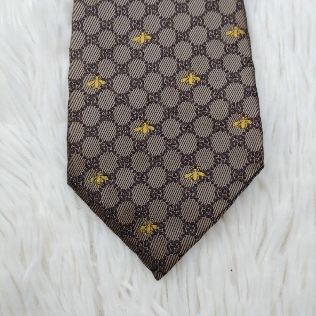 現行】グッチ 高級シルクネクタイ GG柄 ビー刺繍 ダークブラウン