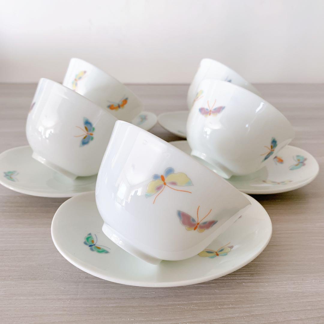 【未使用】深川製磁湯呑み茶托蝶バタフライセラミック5客セット