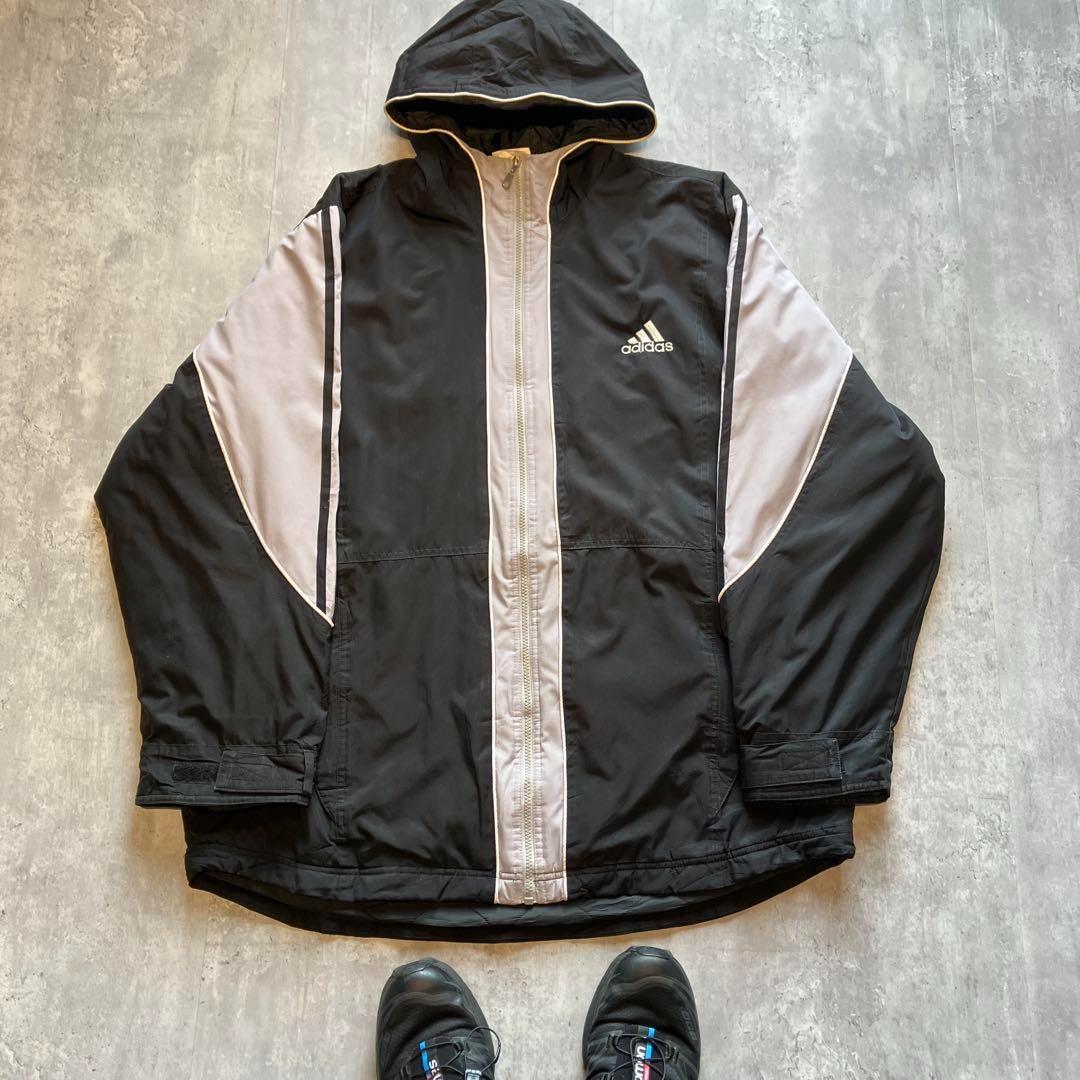 adidas フード付きナイロンジャケット ブラック/グレー　アディダス　古着