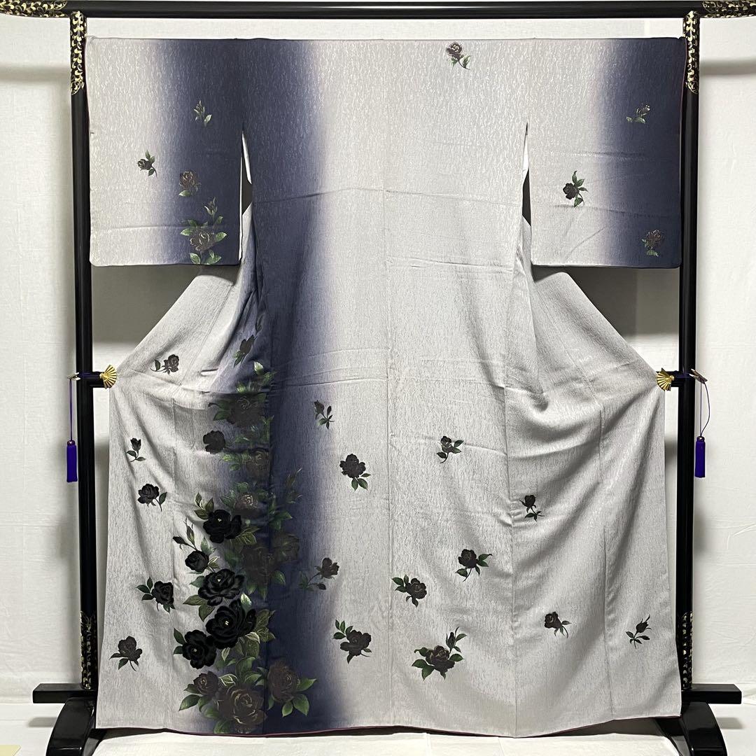 D492 訪問着 ビロード やまと誂製 薔薇 正絹 着物 袷 極美品