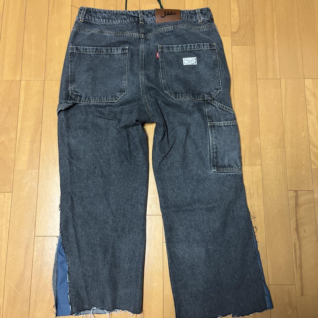 デザインデニムワイドパンツ　古着　リメイクパンツ