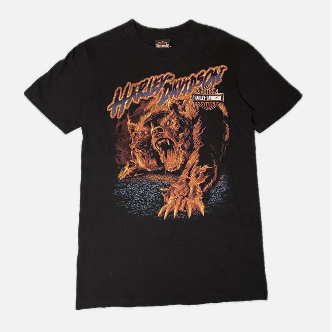 ハーレーダビットソン　グラフィックTシャツ ブラック　ファイヤー　エンジントップス