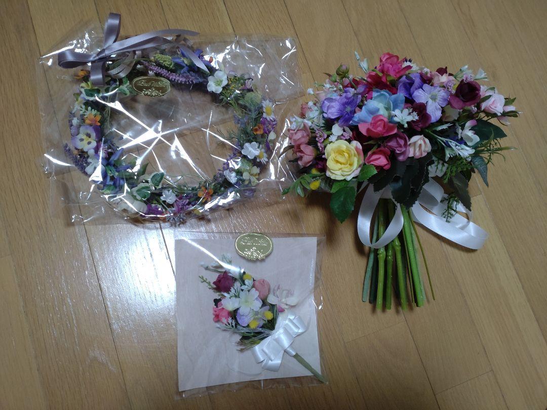 アーティシャルフラワーブーケ ブートニア 花冠 3点セット