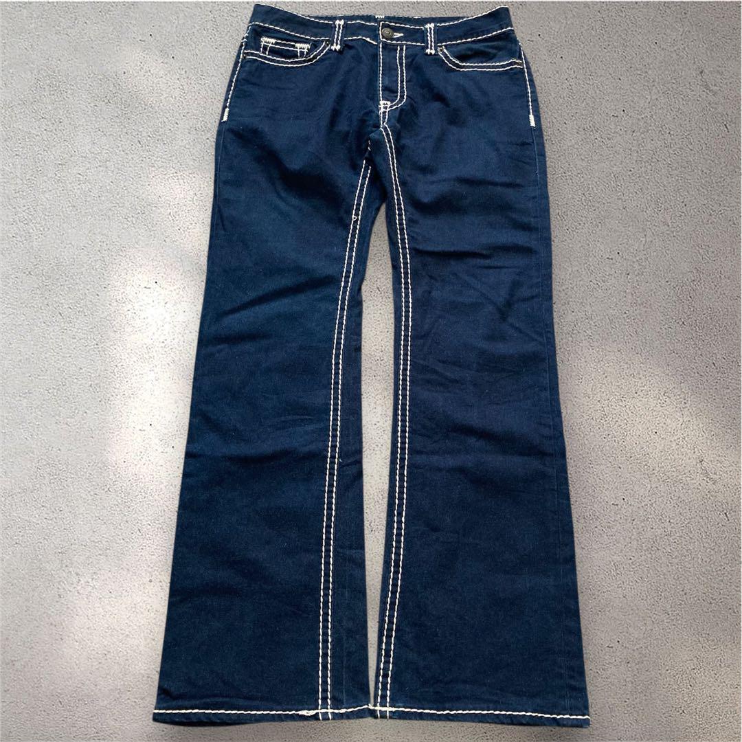 white stitch indigo flared jeans Y2K