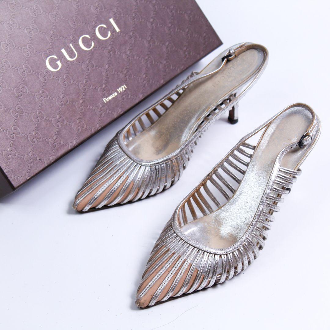 GUCCI シルバー レザーレース メッシュサンダル ハイヒール 24.5cm