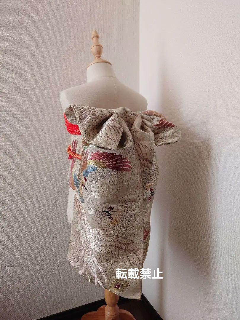 七五三　大人用袋帯からの作り帯　子供　1点物　鶴柄　丸帯　アンティーク 七五三 ジュニア帯 大人の方も 大人用正絹袋帯からの作り帯 1点