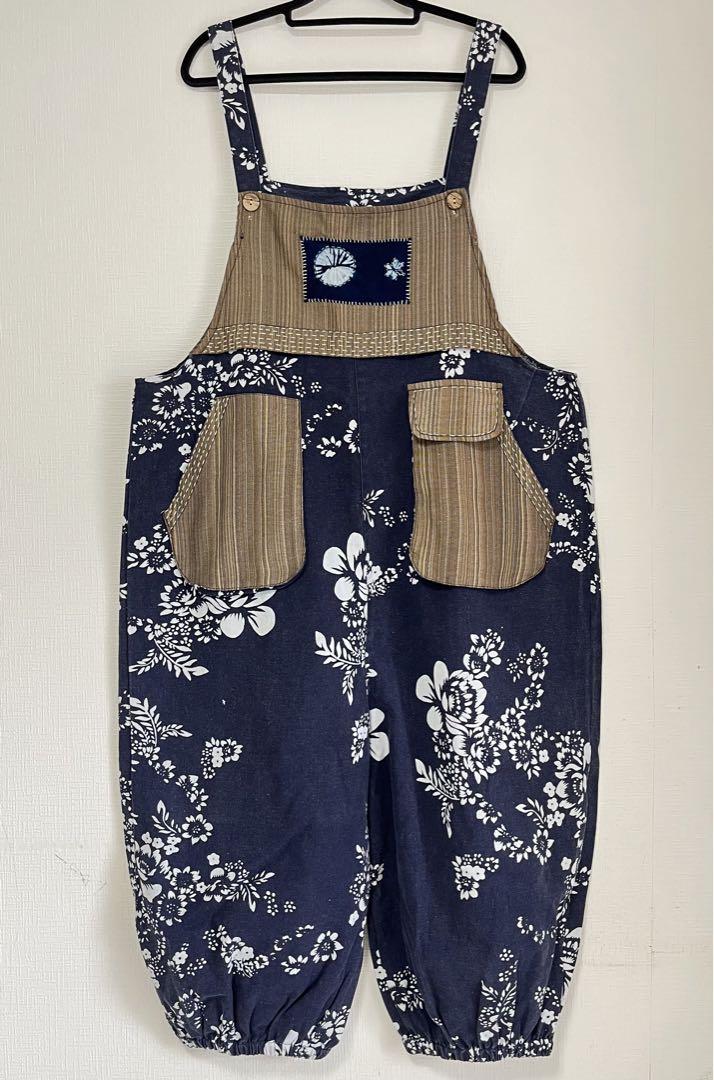 リメイク　藍染　型染め　花　刺し子　サロペット　オールインワン