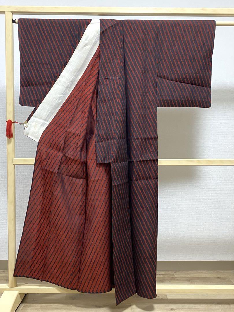 A5 夏物 幾何学模様 黒色 赤色 麻 薄物 絽 紗 小紋 着物