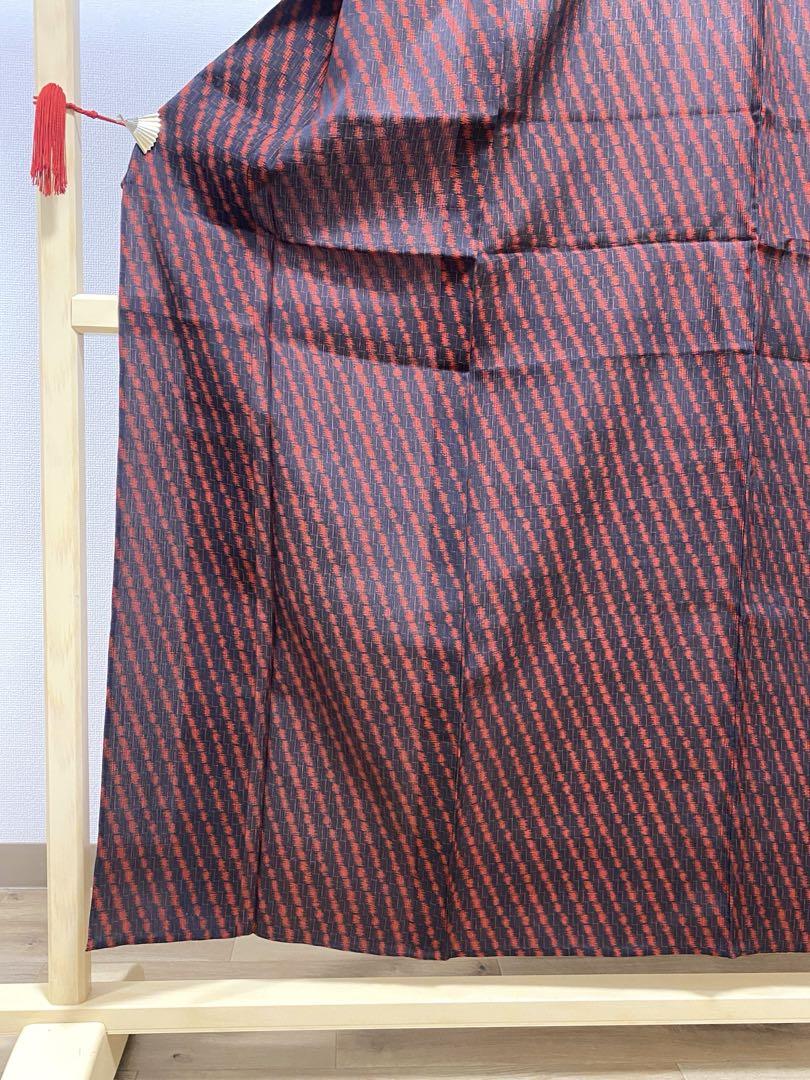 A5 夏物 幾何学模様 黒色 赤色 麻 薄物 絽 紗 小紋 着物