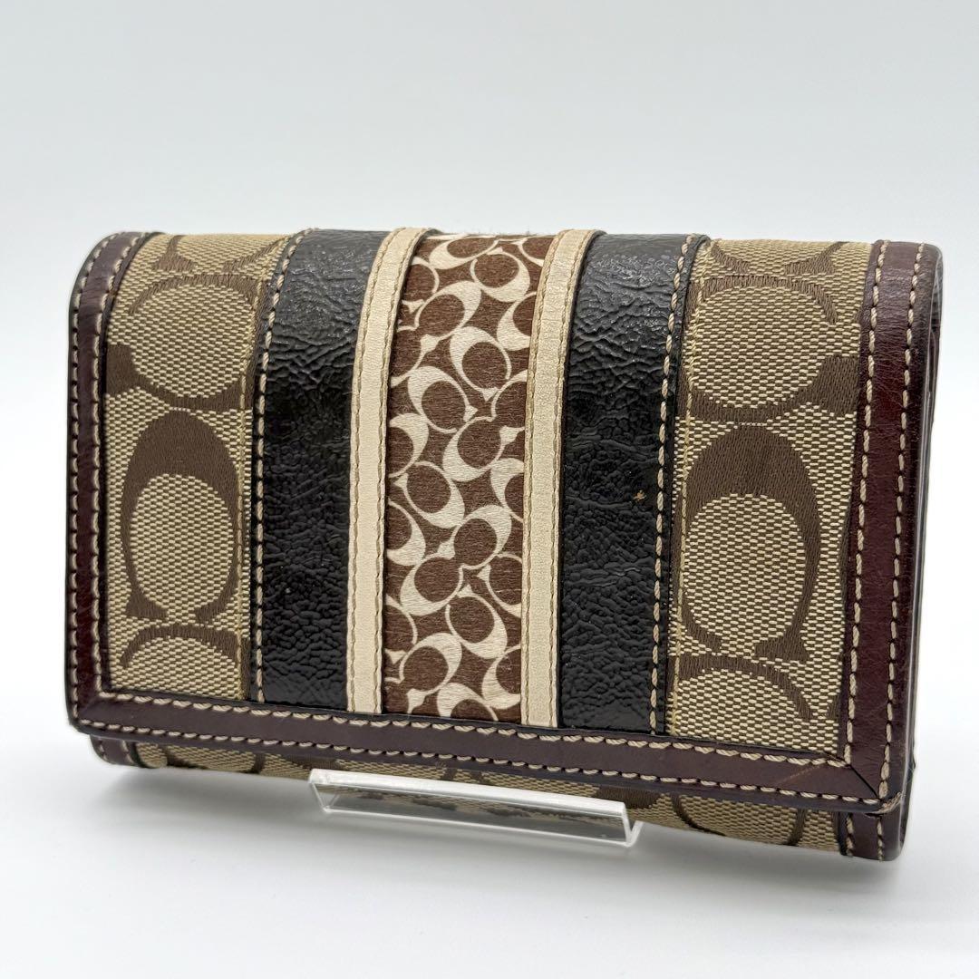 【良品】COACH 三つ折財布 シグネチャー キャンバス レザー ブラウン