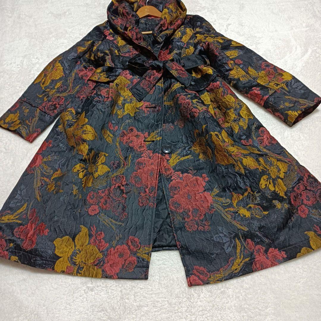 HANAHANA、花柄コート、ベルト付き、ショールカラー、総柄