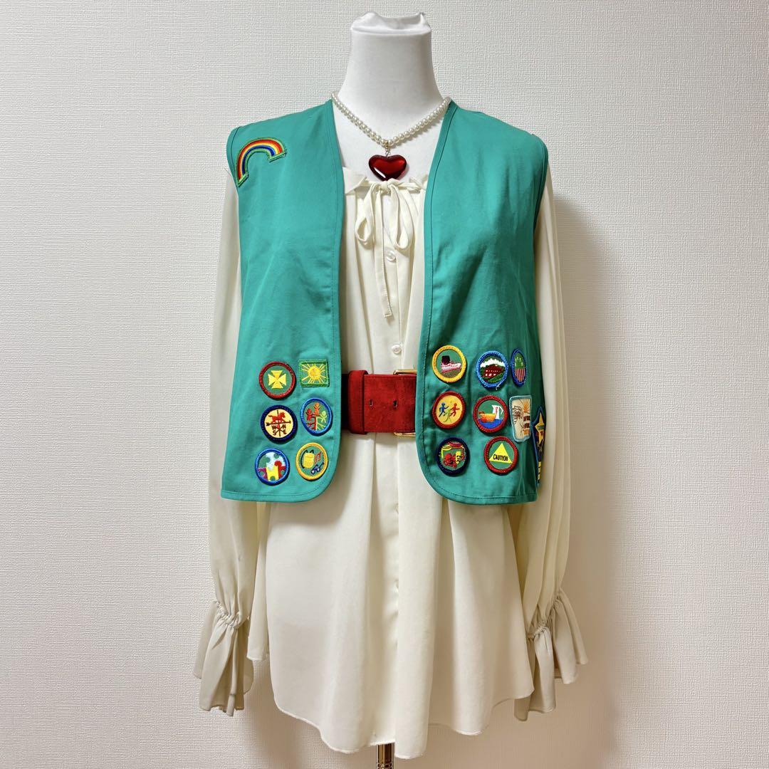 値下げ◎vintage 古着 レトロ ワッペン ガールスカウト グリーン ベスト