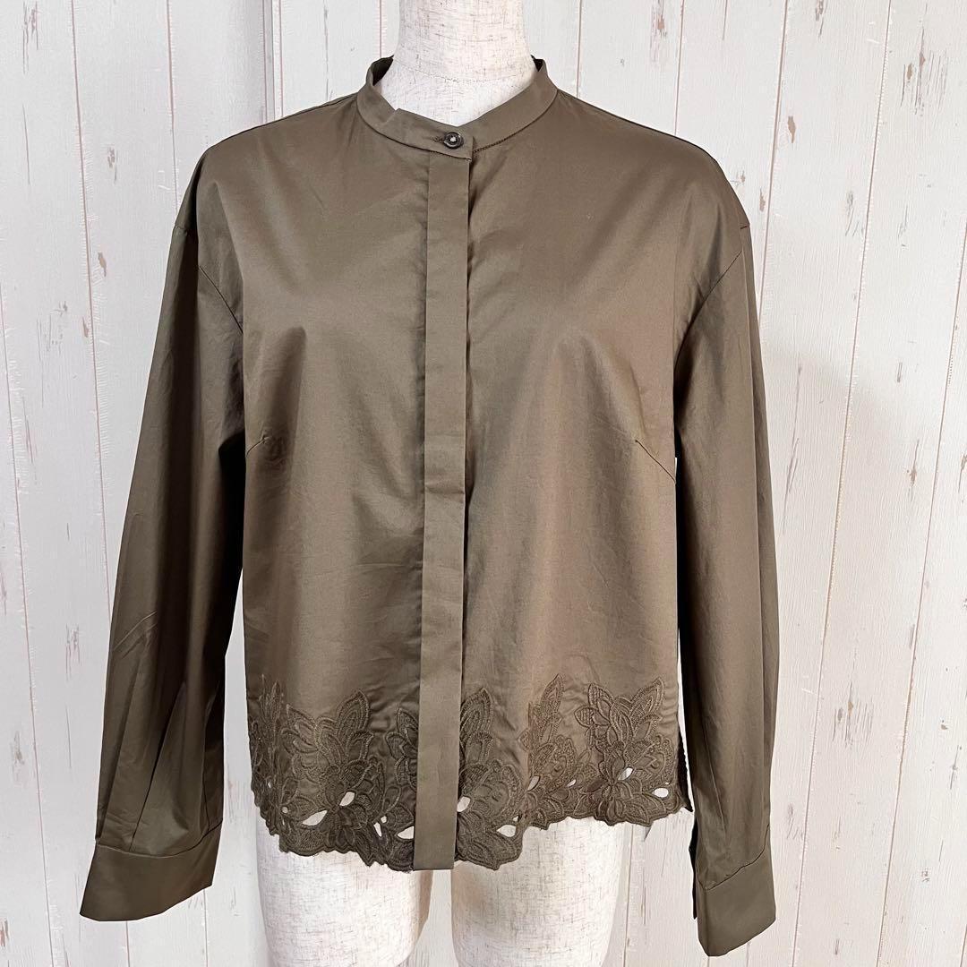 新品タグ付【洗える】　自由区 裾刺繍エンブロイダリー ブラウス ／カーキ／38