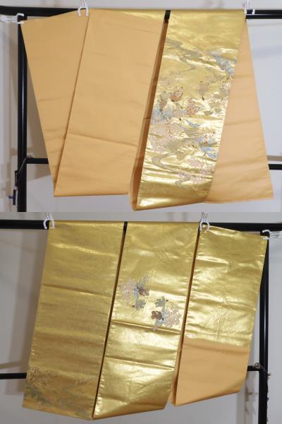 上質で快適 正絹・豪華金箔袋帯・蹴鞠する平安人と桜・瀞金錦のような織物 着物・浴衣