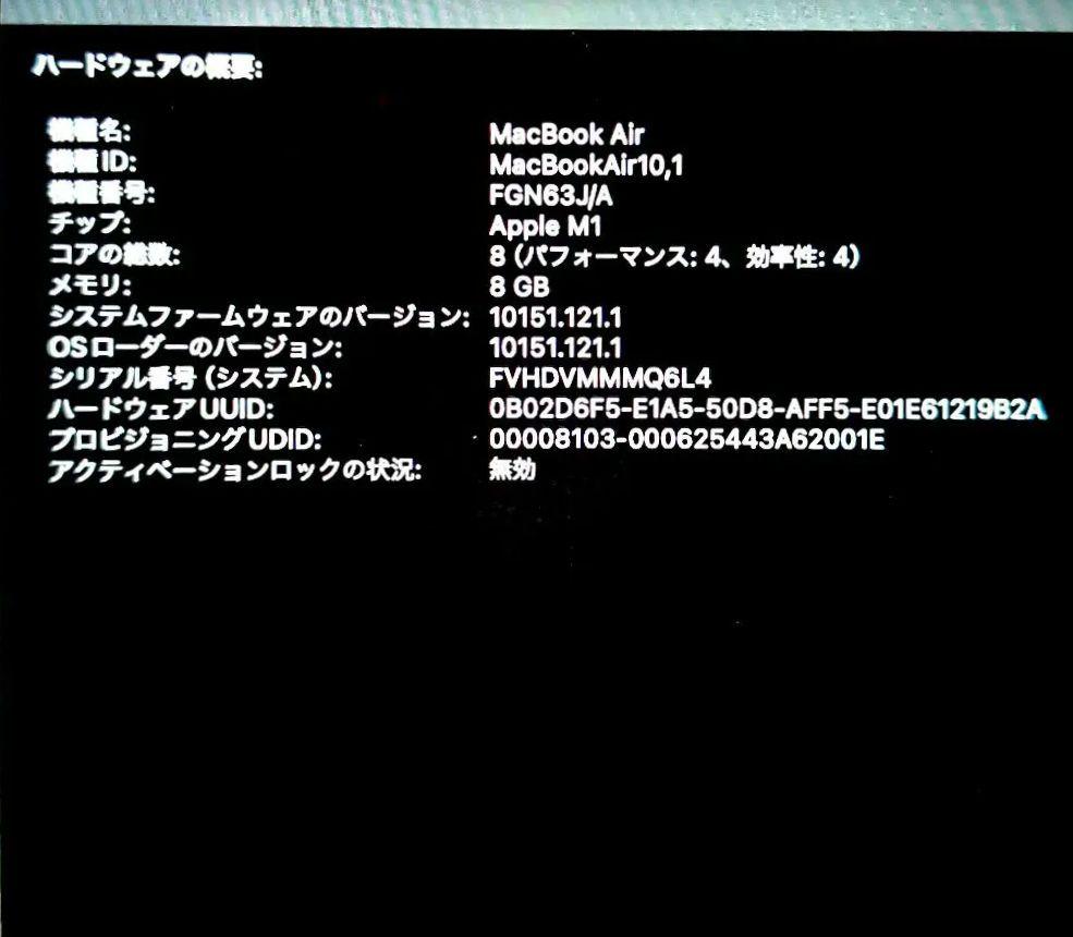 MacBook本体 MacBook Air/2020 /Apple M1/8GB/256GB SSD
