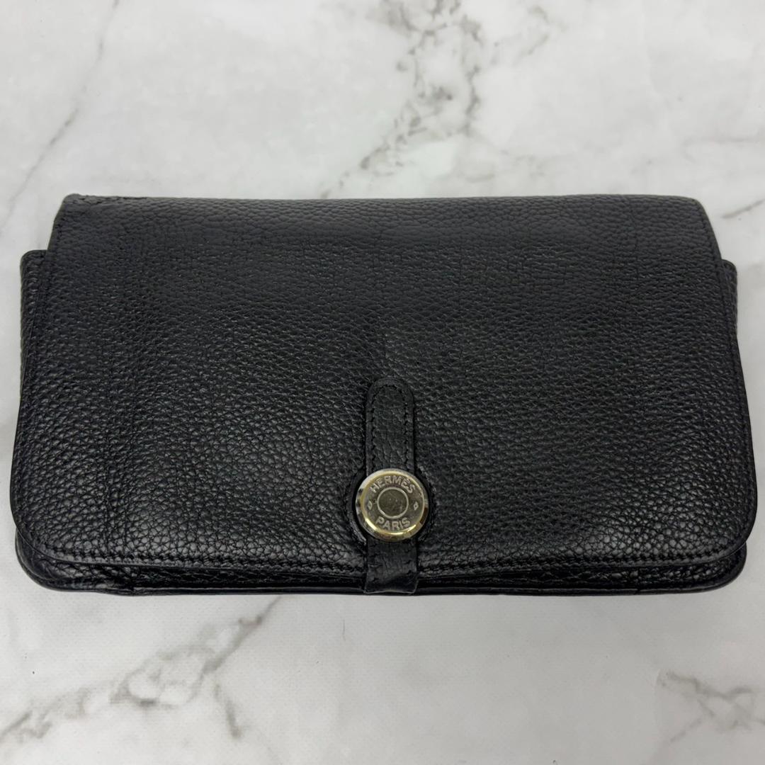 極上素材】HERMES ブラック 長財布【ドゴンGM】トリヨン【□C