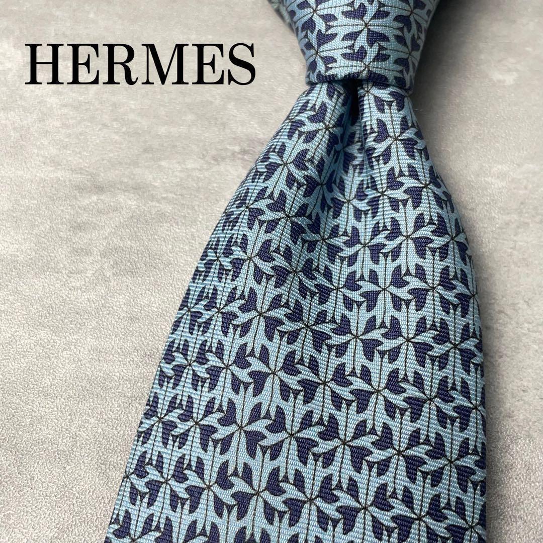HERMES エルメス H柄 総ロゴ ネクタイ ネイビー 水色 - メルカリ