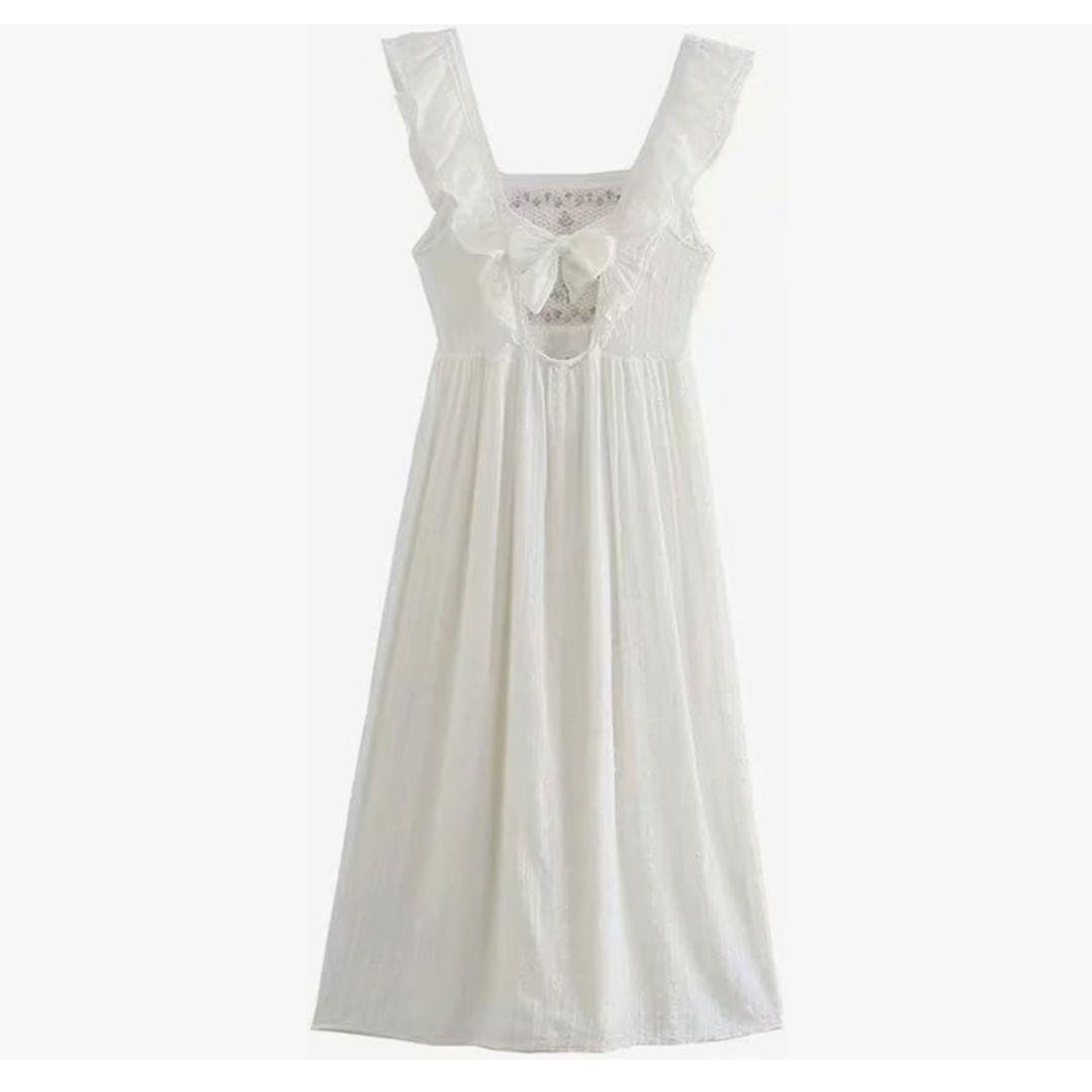 ZARA 刺繍入りワンピース ロング マキシ丈 バッグリボン 白