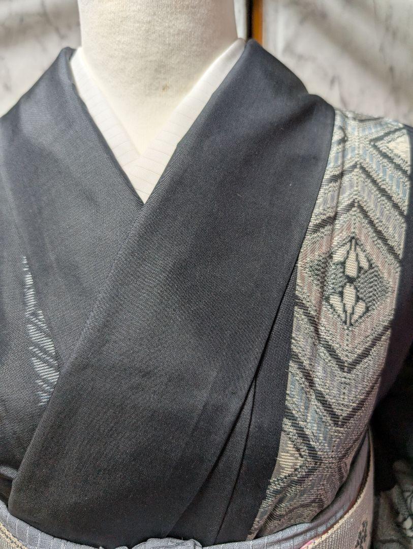 poko大島紬黒 紬 着物 ストライプ模様