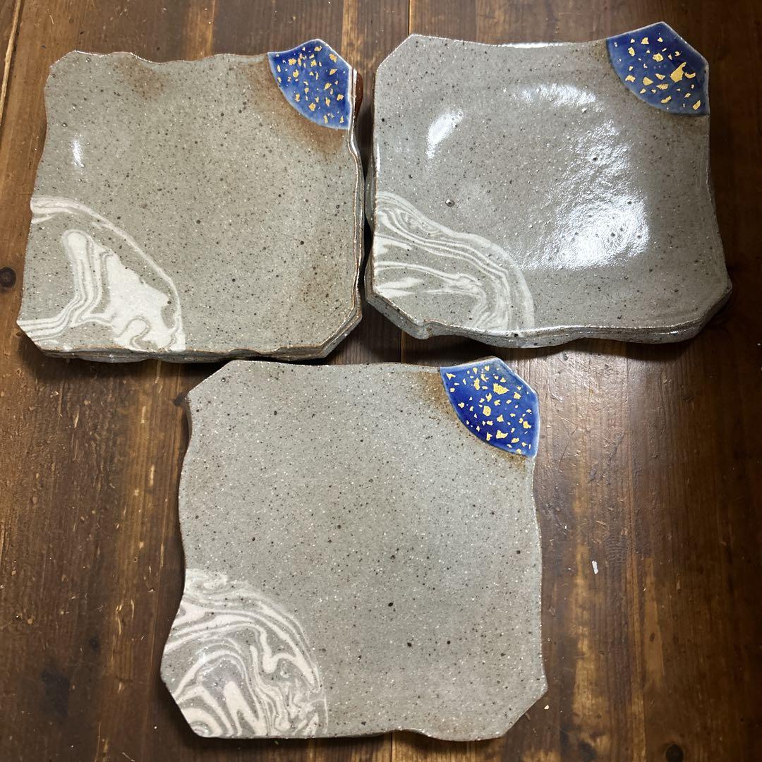 作家　陶芸作家　四角板皿　どっしりとした四角皿　金箔　練り込み