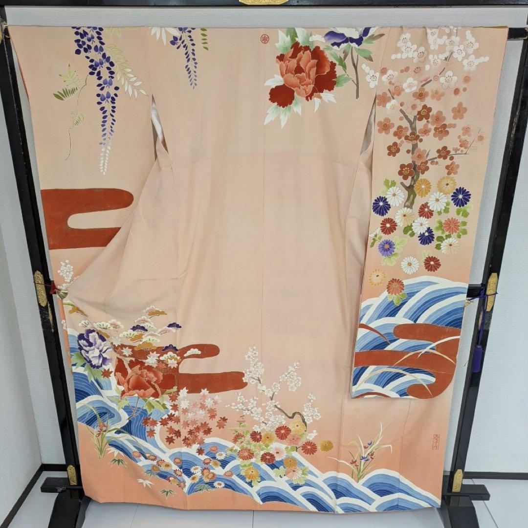 振袖 裄67 作家物 セミアンティーク 一つ紋 青海波に花柄金彩正絹T-3215 振袖 裄67 作家物 セミアンティーク 一つ紋 青海波に花柄金彩