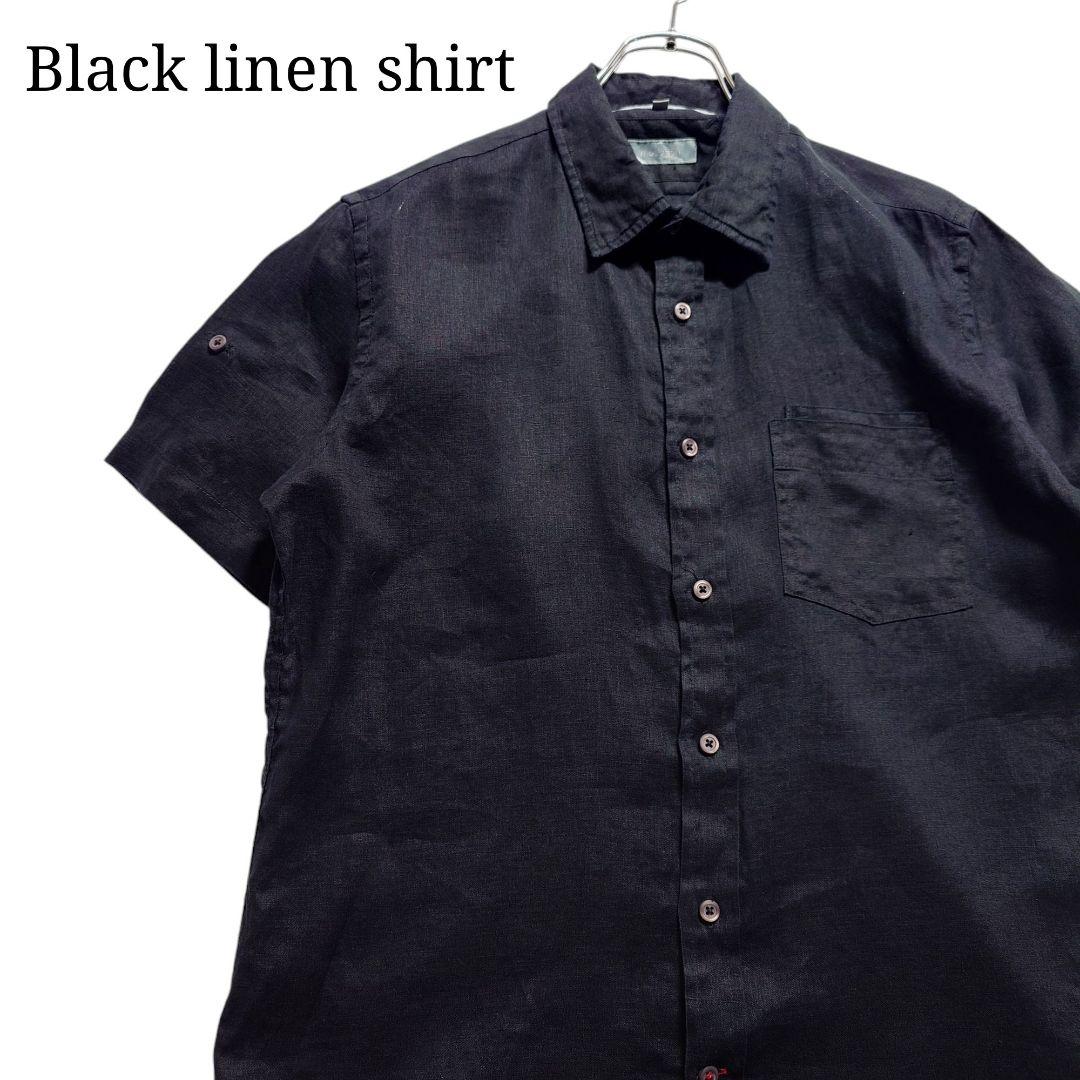 【00s】ブラックリネンシャツ 半袖 ポケット付き 古着 黒