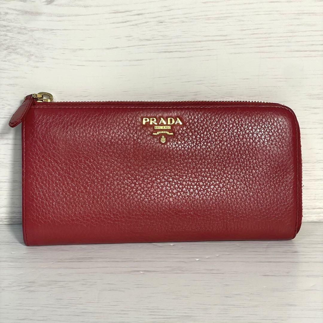 PRADA プラダ 長財布 レザー L字ファスナー レッド シボ革