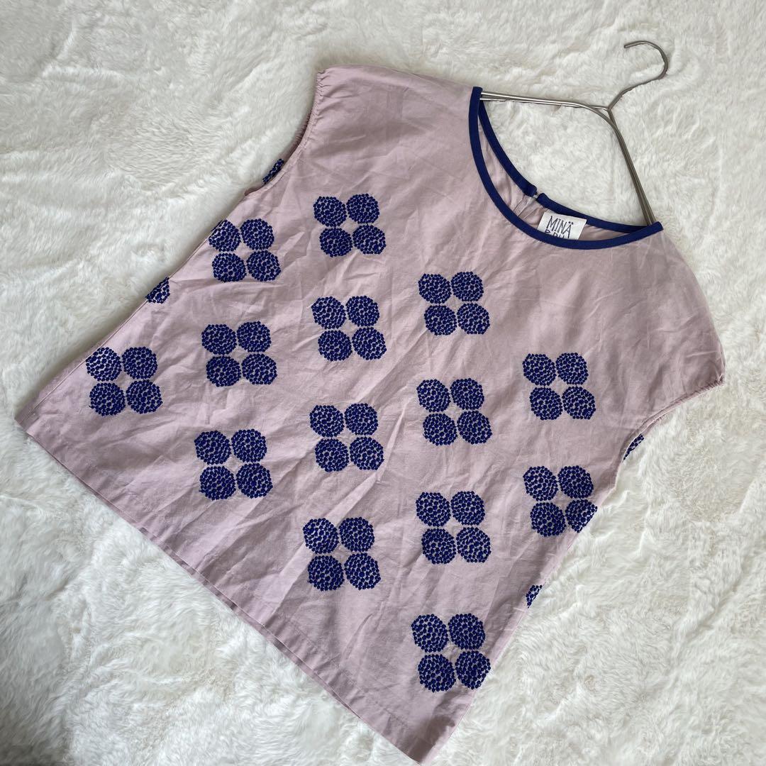 ミナ ペルホネン ピンク刺繍 レディース半袖シャツ