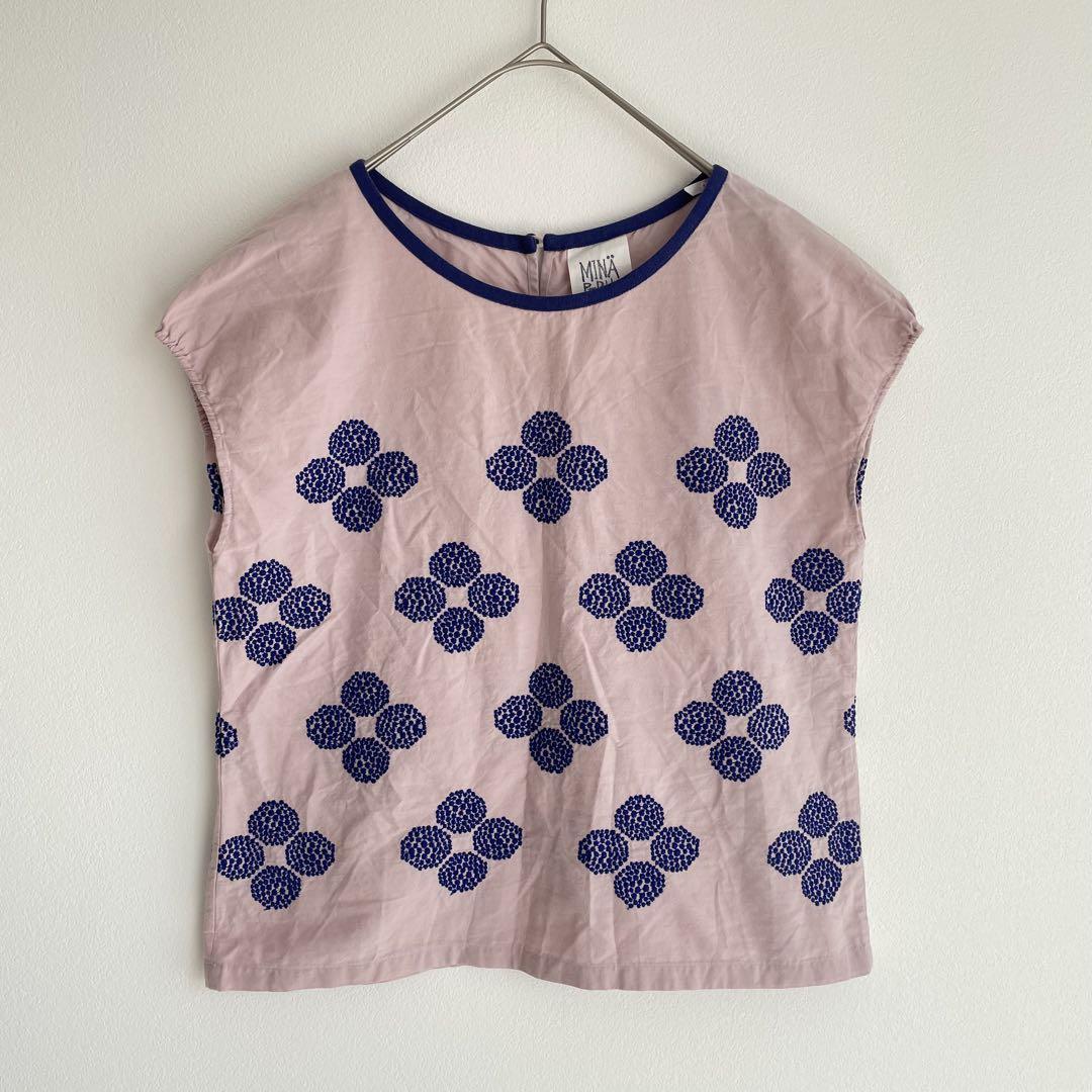 ミナペルホネン ブラウス シャツ 花刺繍 hana beads ピンク 半袖 M