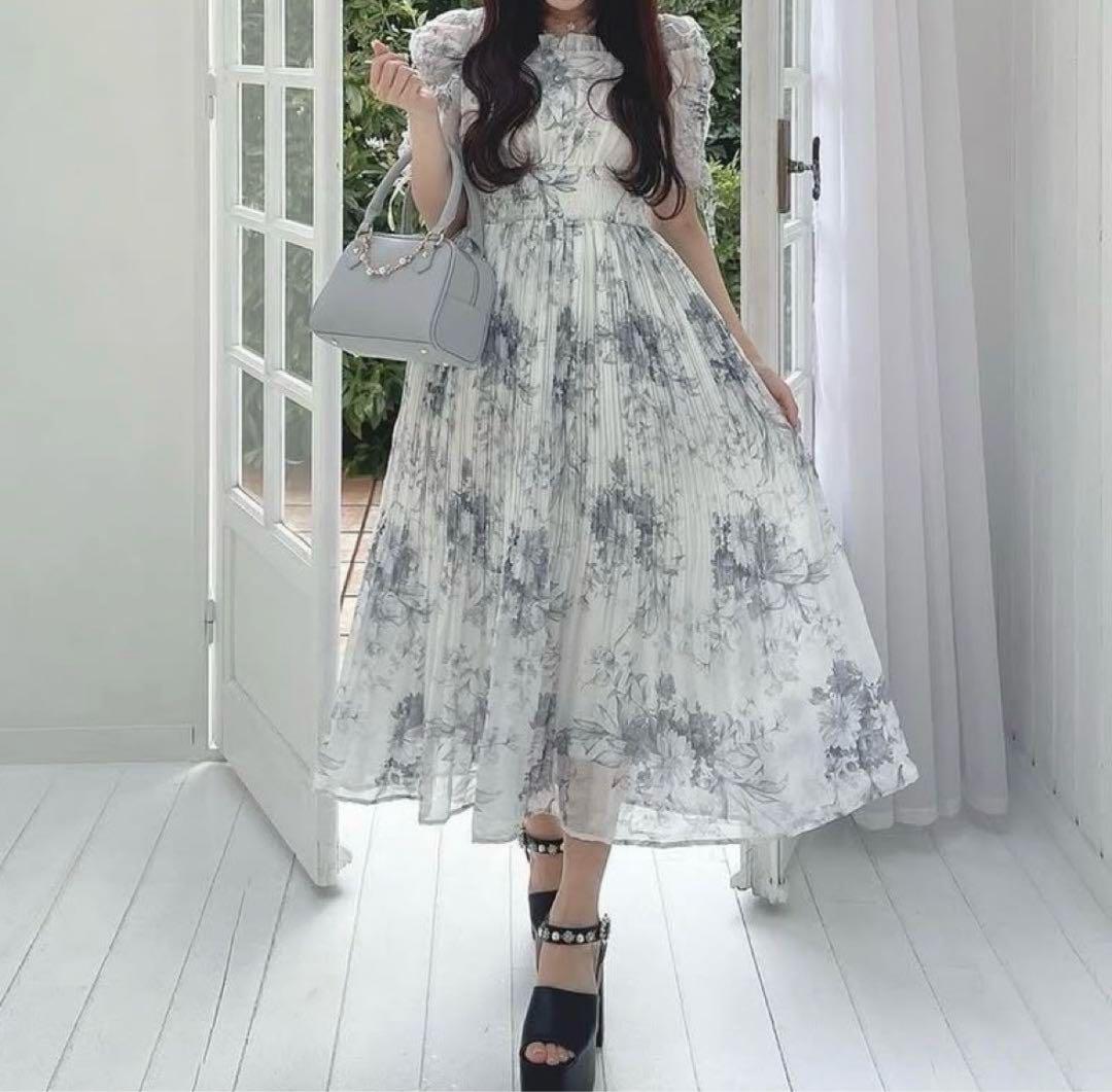エブリン evelyn 花柄プリーツOP アイスグレイ