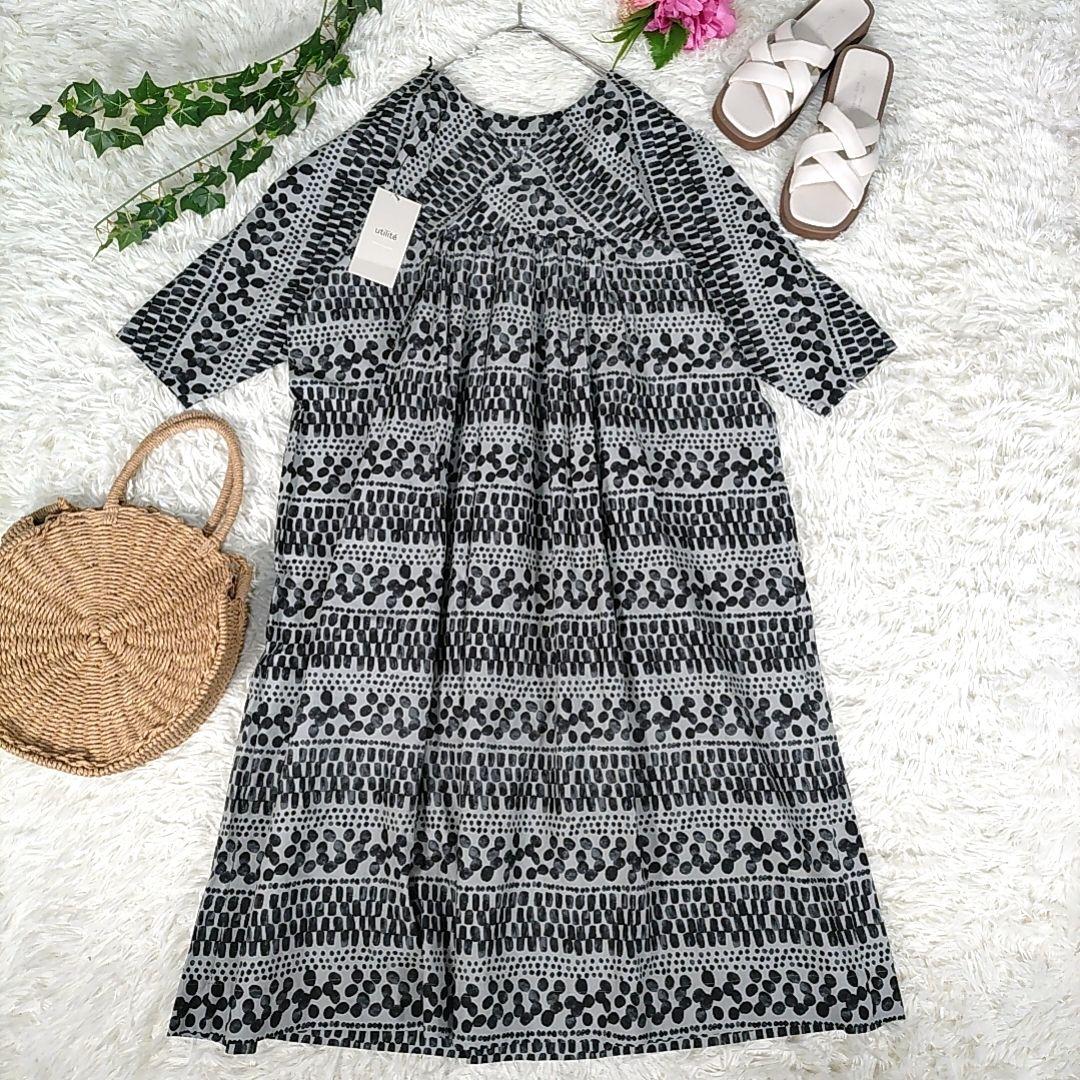 utilite◎新品！ロングワンピース(F)総柄 ドット 七分袖 お洒落Aライン