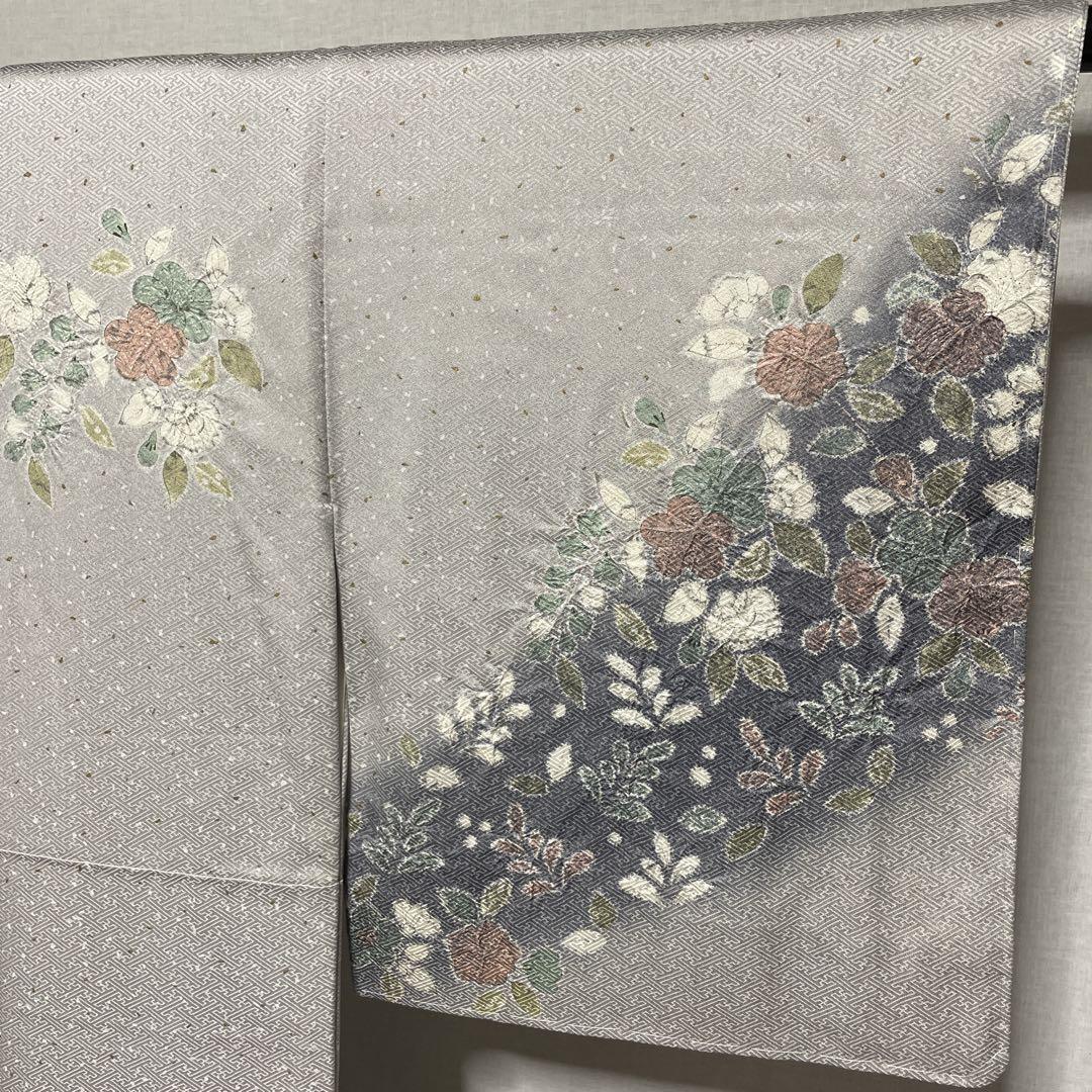 D992 訪問着　辻ヶ花　落款　グレー　正絹　着物　袷　しつけ糸付き未使用極美品