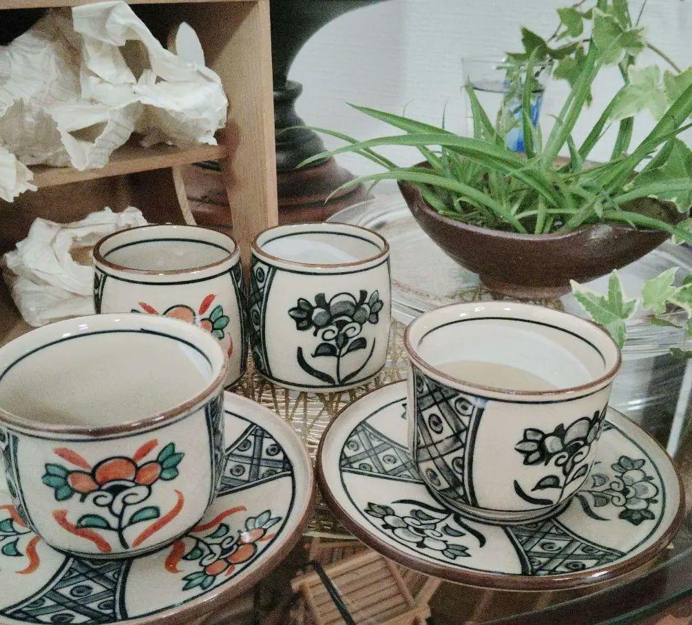 手書古染絵柄コーヒーカップ ソーサーと湯のみぐい呑み茶碗　夫婦 セット