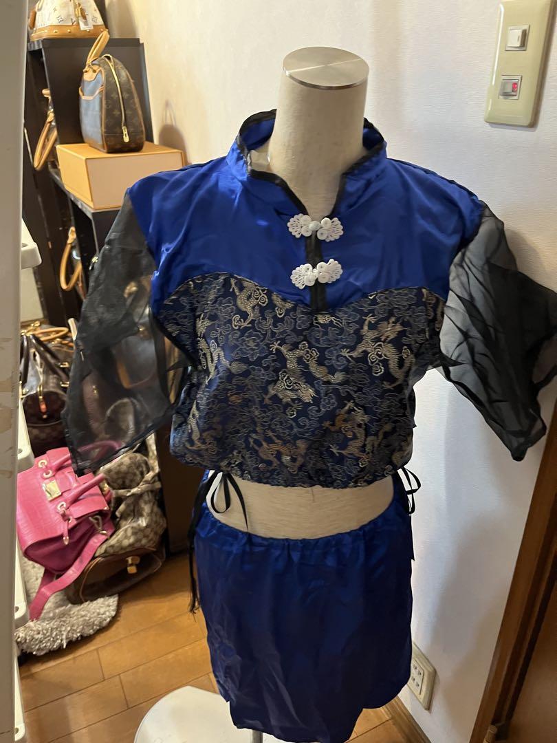 青いチャイナドレス風コスプレ衣装 ミニチャイナ 龍凰 / 青 (Mサイズ) /チャイナ服 ミニ コスプレ