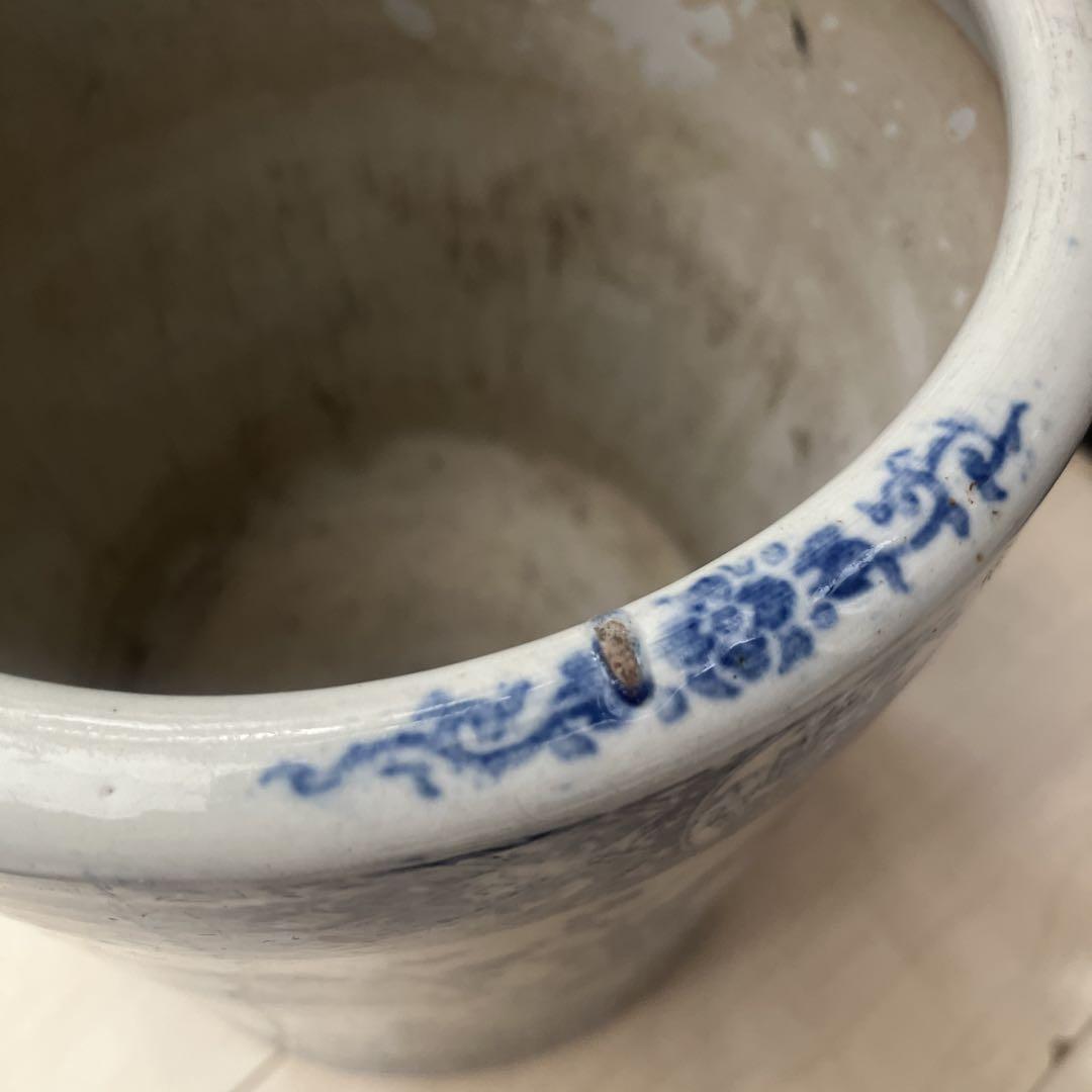青と白の手描き陶器花瓶 火鉢 手あぶり 鉢カバー 鳥柄 小物入れ