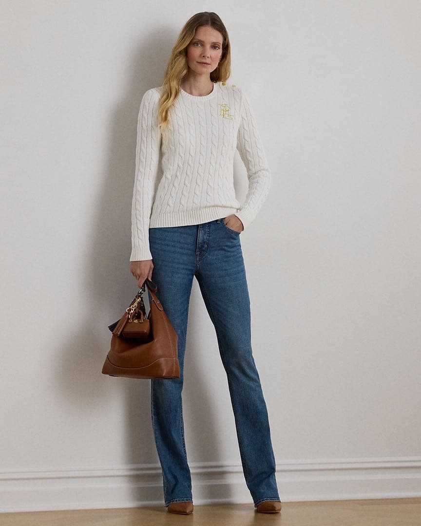 Poloラルフローレンボタントリム ケーブルニット コットン セーター