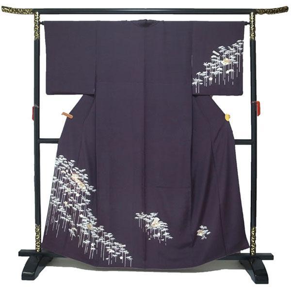 訪問着 本加工 手染め 金彩加工 金駒刺繍 濃紫 裄66 M 中古