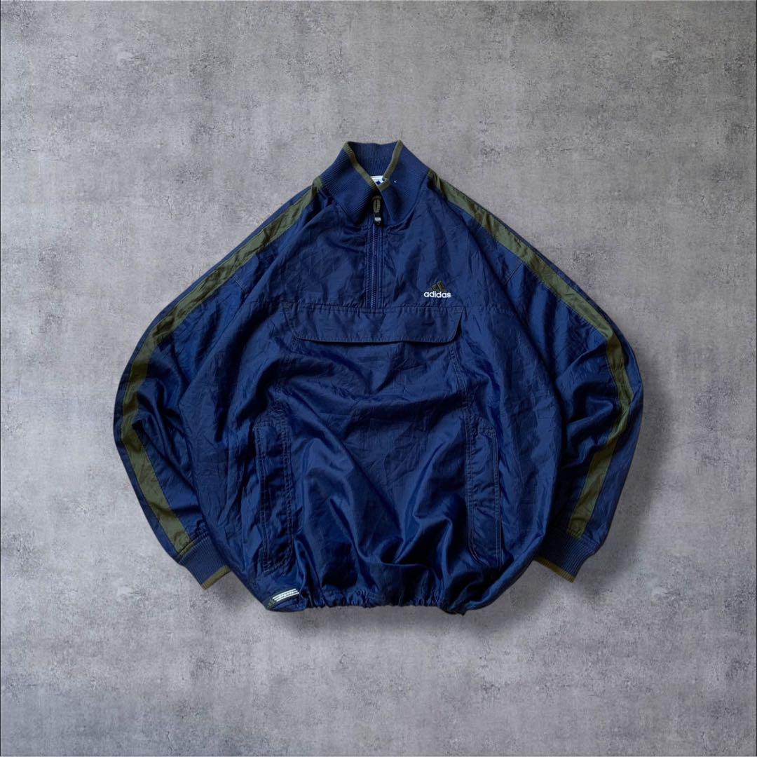 2000年製adidas古着ナイロン刺繍ハーフジップ紺アノラックパーカーR342
