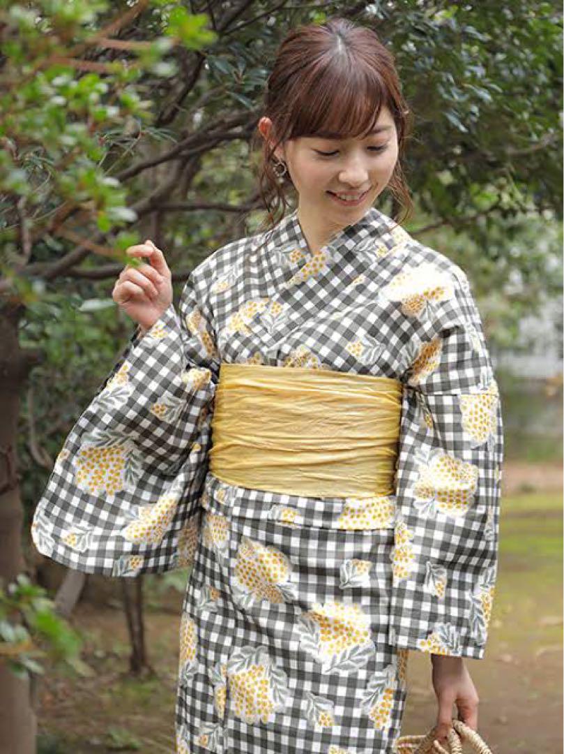 【美品】サマンサモスモス　浴衣・帯セット ミモザ柄　ギンガムチェック