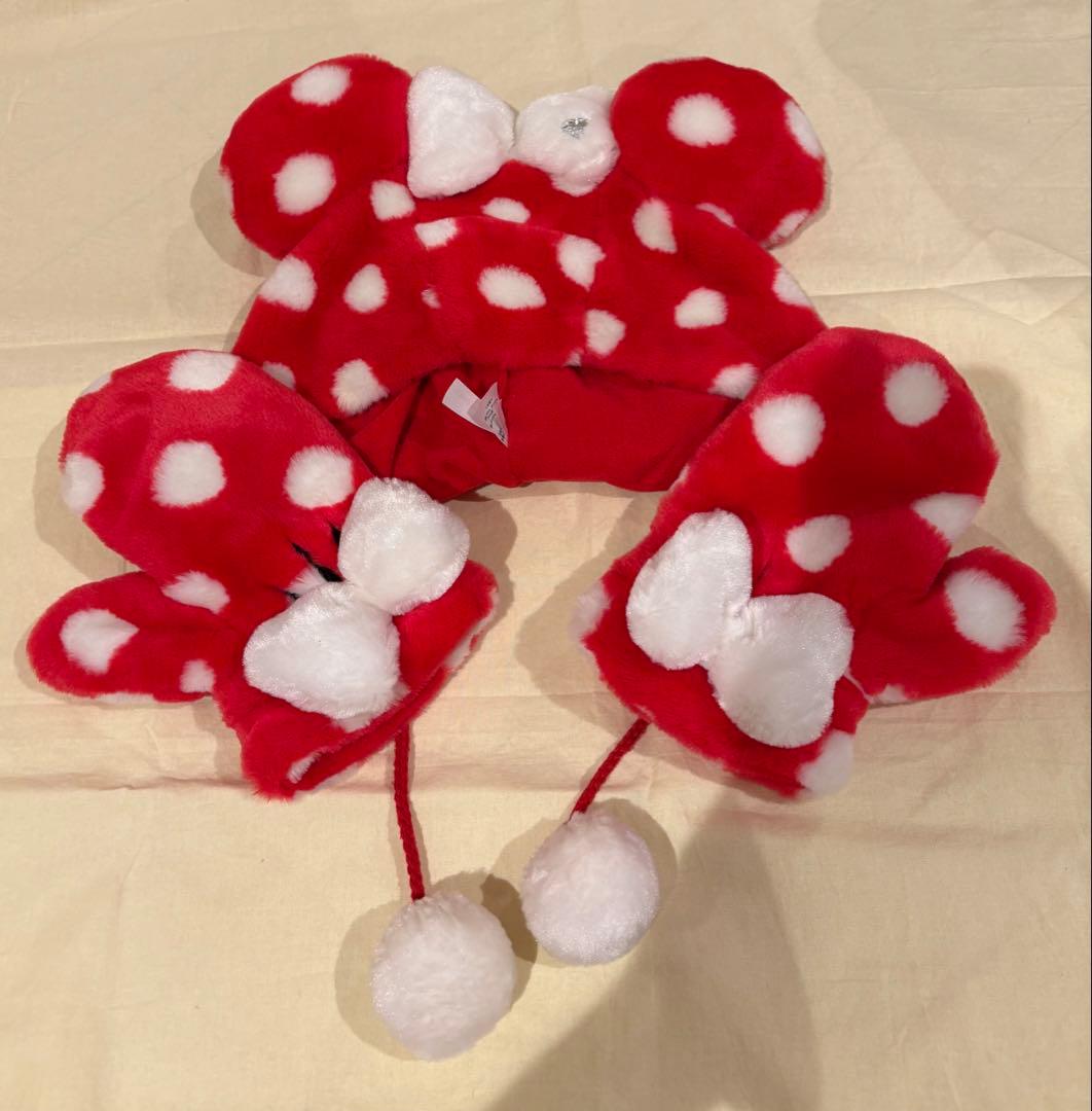 ディズニー　ミニーファンキャップ 赤 水玉　手袋セット