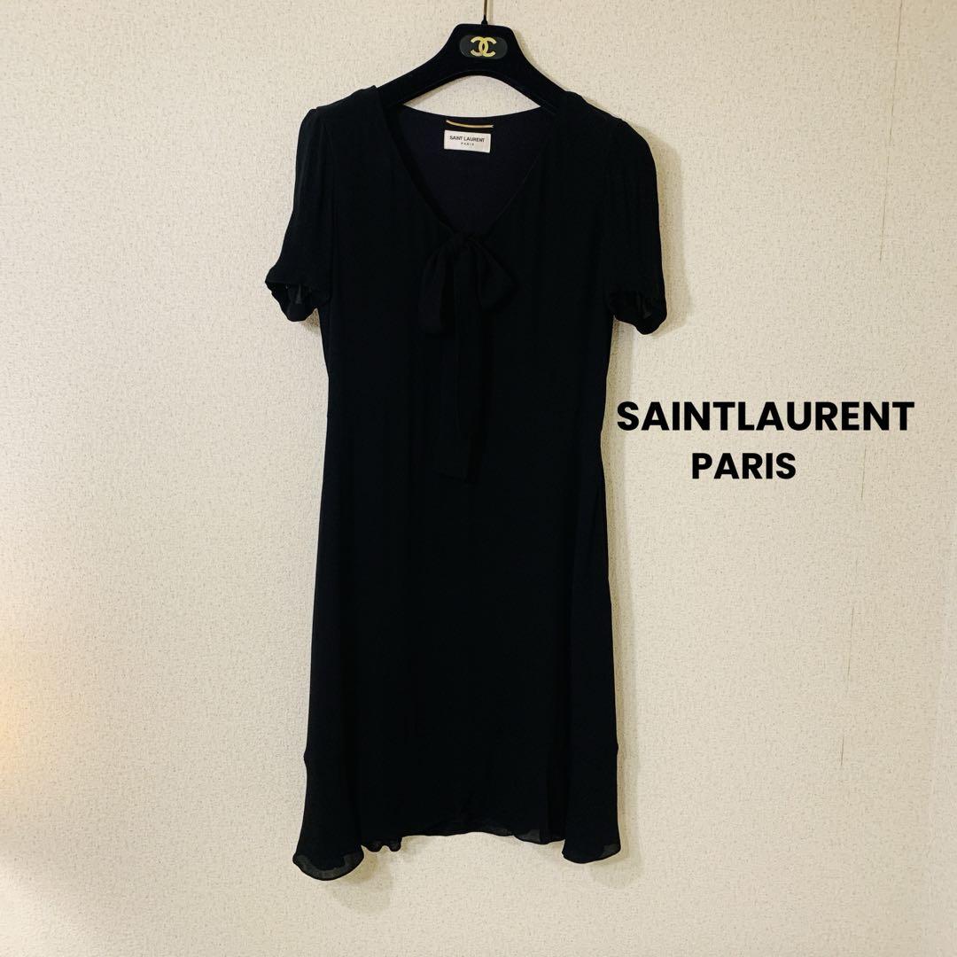 SAINTLAURENTサンローランパリ シルク ボウタイ フレアワンピース 画像1