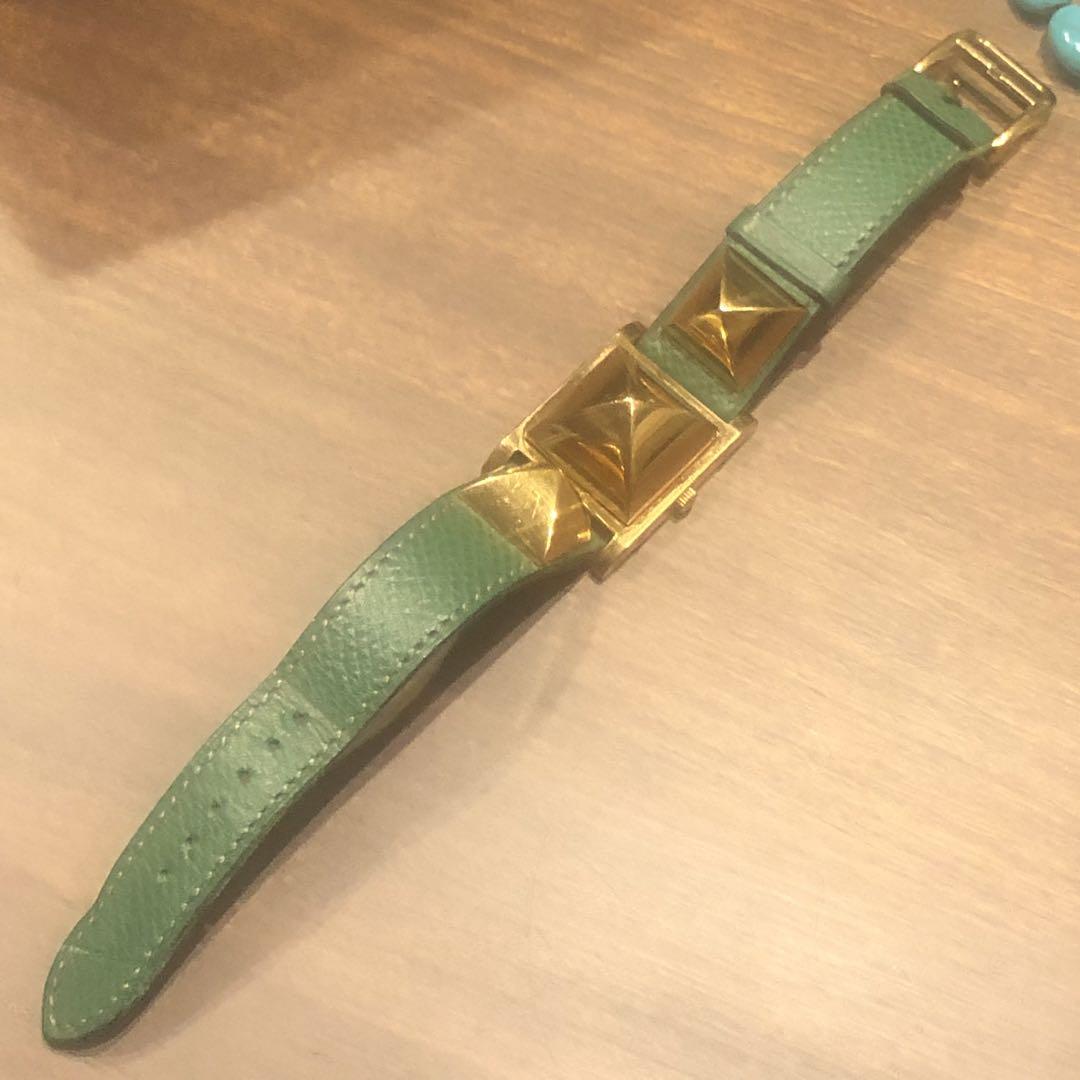 【特別送料無料！】 ☆美品☆ HERMES エルメス ドメール グリーンレザー腕時計 時計