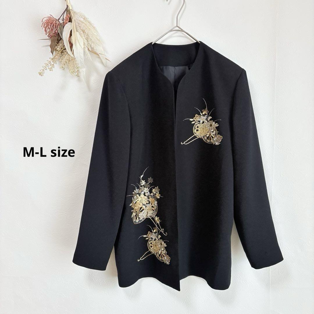 ノーカラージャケット 花柄刺繍 和装 11ABR ブラック M-L