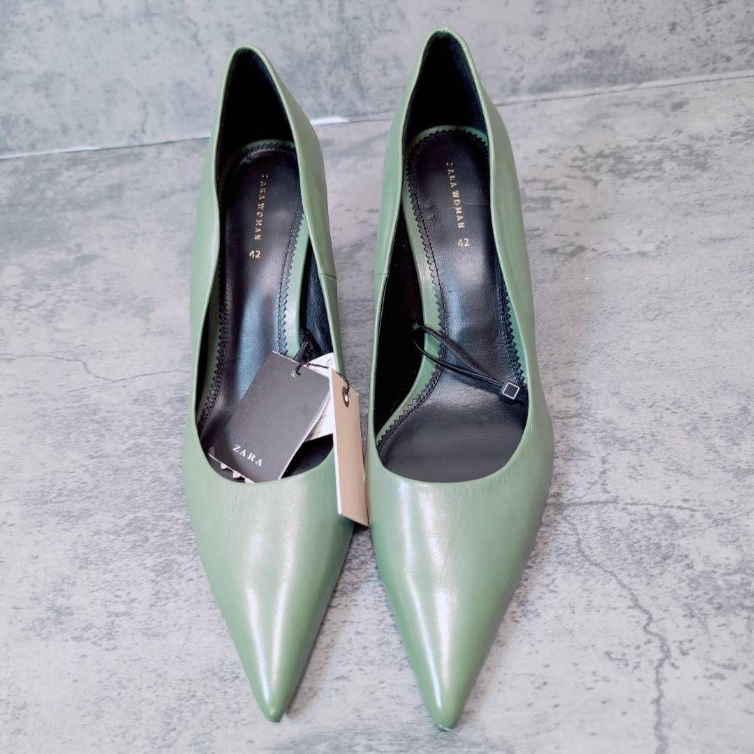 新品 ZARA WOMAN ポインテッドトゥ パンプス 緑 42